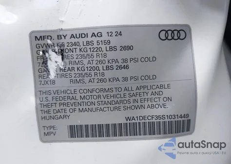 2025 Audi Q3 Premium 45 Tfsi S Line Quattro Tiptronic z USA, uszkodzony, nr VIN WA1DECF35S1031449